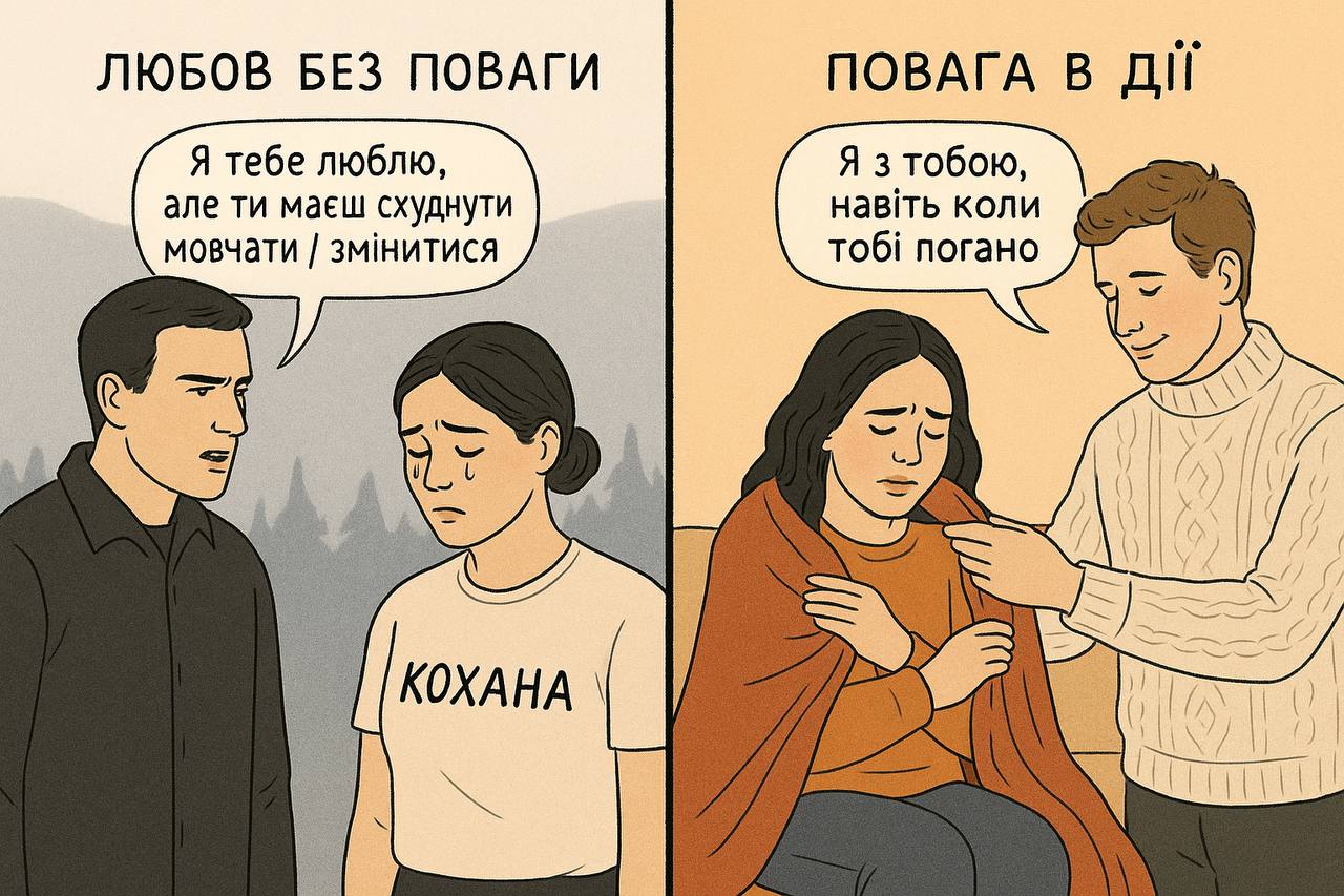 alt="Дві сцени: зліва — чоловік каже жінці 'Я тебе люблю, але ти маєш схуднути / мовчати / змінитися', підпис 'Любов без поваги'; справа — інший чоловік вкриває жінку пледом зі словами 'Я з тобою, навіть коли тобі погано', підпис 'Повага в дії'. Ілюстрація різниці між токсичною і підтримувальною любов’ю"