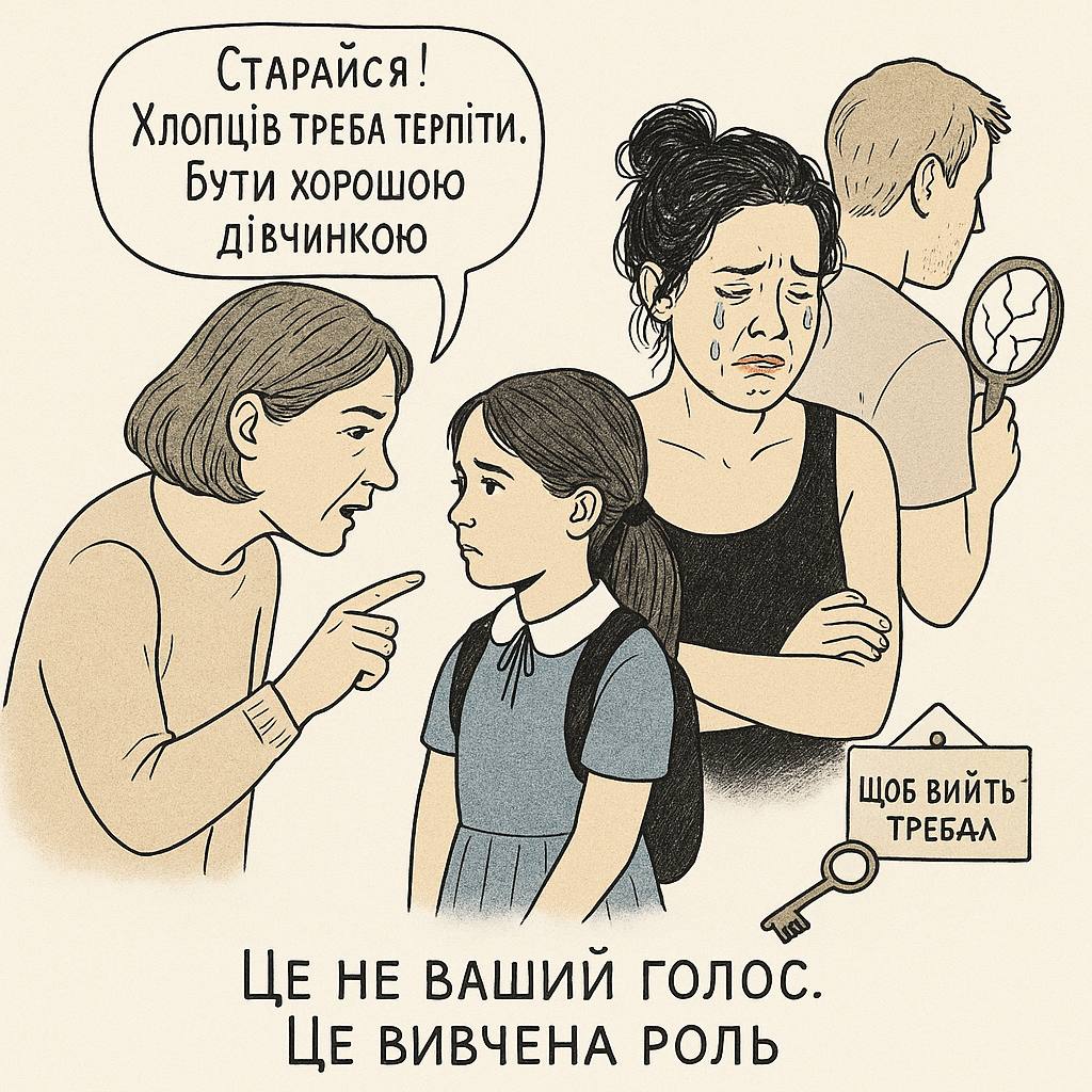 Жінка суворо каже дівчинці: 'Старайся! Хлопців треба терпіти. Бути хорошою дівчинкою'. Позаду — доросла жінка плаче, а чоловік тримає тріснуте дзеркало. Підпис: 'Це не ваш голос. Це вивчена роль'. Ілюстрація того, як дитячі послання формують роль жертви в токсичних стосунках.