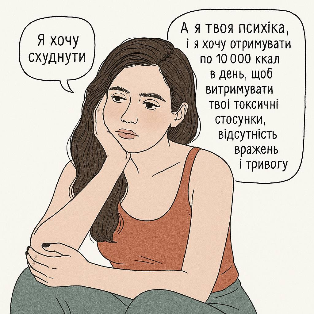 Жінка сидить замислено. Вона каже: 'Я хочу схуднути'. Її психіка відповідає: 'А я хочу по 10 000 ккал на день, щоб витримати токсичні стосунки, тривогу та відсутність вражень'. Ілюстрація психологічних причин переїдання та неможливості схуднути через емоційне виснаження.