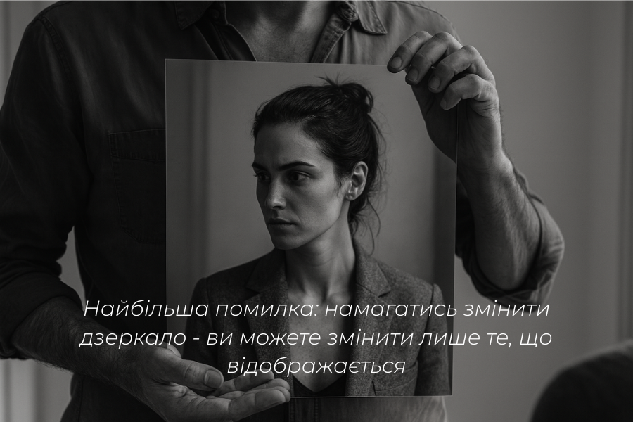 Чоловік тримає фото жінки перед собою, ніби дивиться у дзеркало. Символ стосунків як відображення внутрішнього світу. Найбільша помилка — намагатись змінити партнера, замість того щоб змінювати себе. Психолог Єлизавета Коров'янко, Полтава. 
