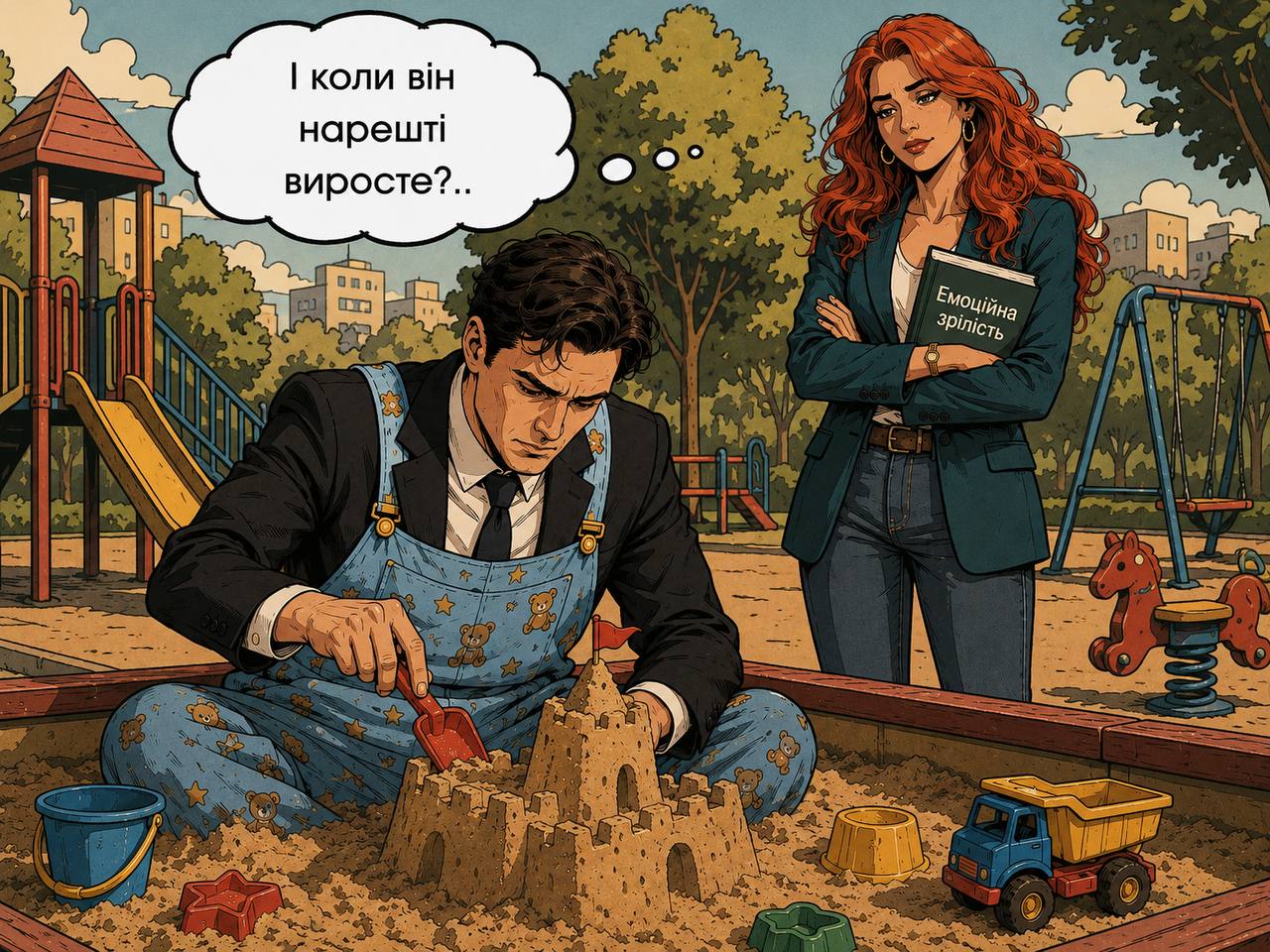 Ілюстрація емоційно незрілого чоловіка, який поводиться як дитина у стосунках.